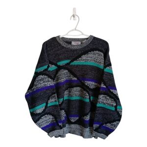Vintage 80's Celebrity Black Gray Knit  Sweater with Teal & Purple Stripes Large